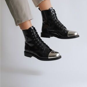 RARE Chanel Patent Leather Metal Toe CC Boots 37,5